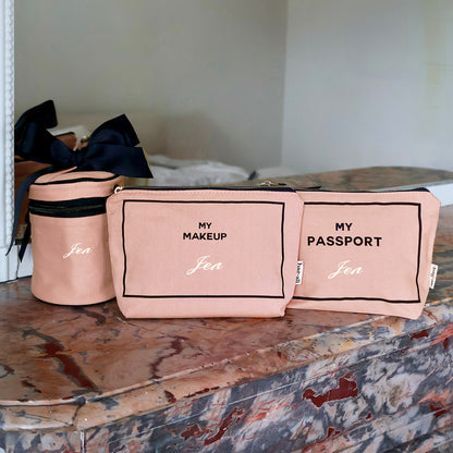 Bag-all pink blush 3-pack carry on essentials set with makeup, passport, and liquid organizers personalized with Jen text