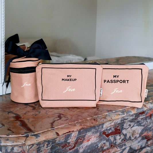 Bag-all pink blush 3-pack carry on essentials set with makeup, passport, and liquid organizers personalized with Jen text