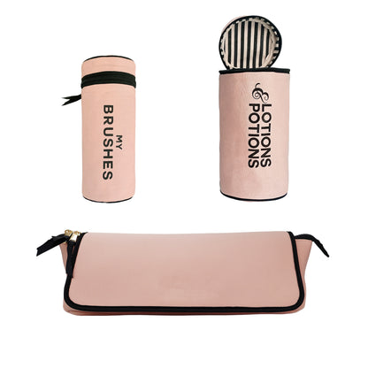 Bag-all pink blush 3-pack brushes and hair tools organizer set with labeled containers for brushes and lotions potions