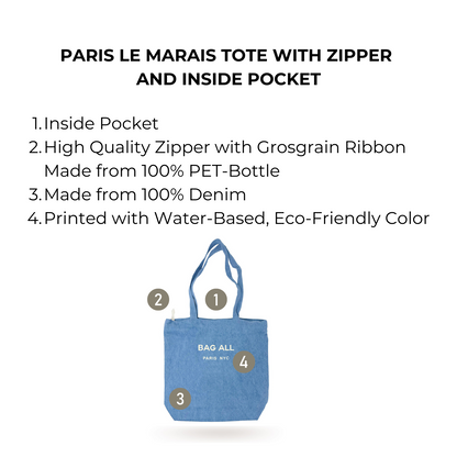 Paris Le Marais Tote with Zipper and Inside Pocket, Denim | Bag-all