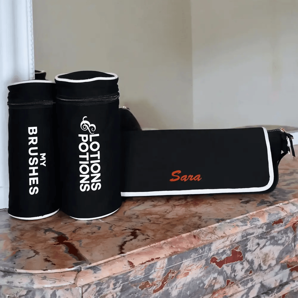 Bag-all black 3-pack brush and hair tools organizer set with white trim personalized with Sara name
