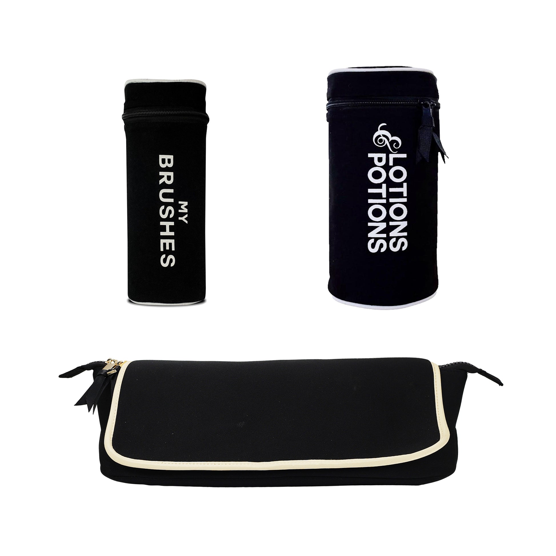 Black 3-pack brush and hair tool organizer set with zip closures for easy storage by Bag-all