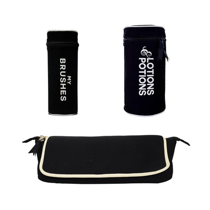 Black 3-pack brush and hair tool organizer set with zip closures for easy storage by Bag-all