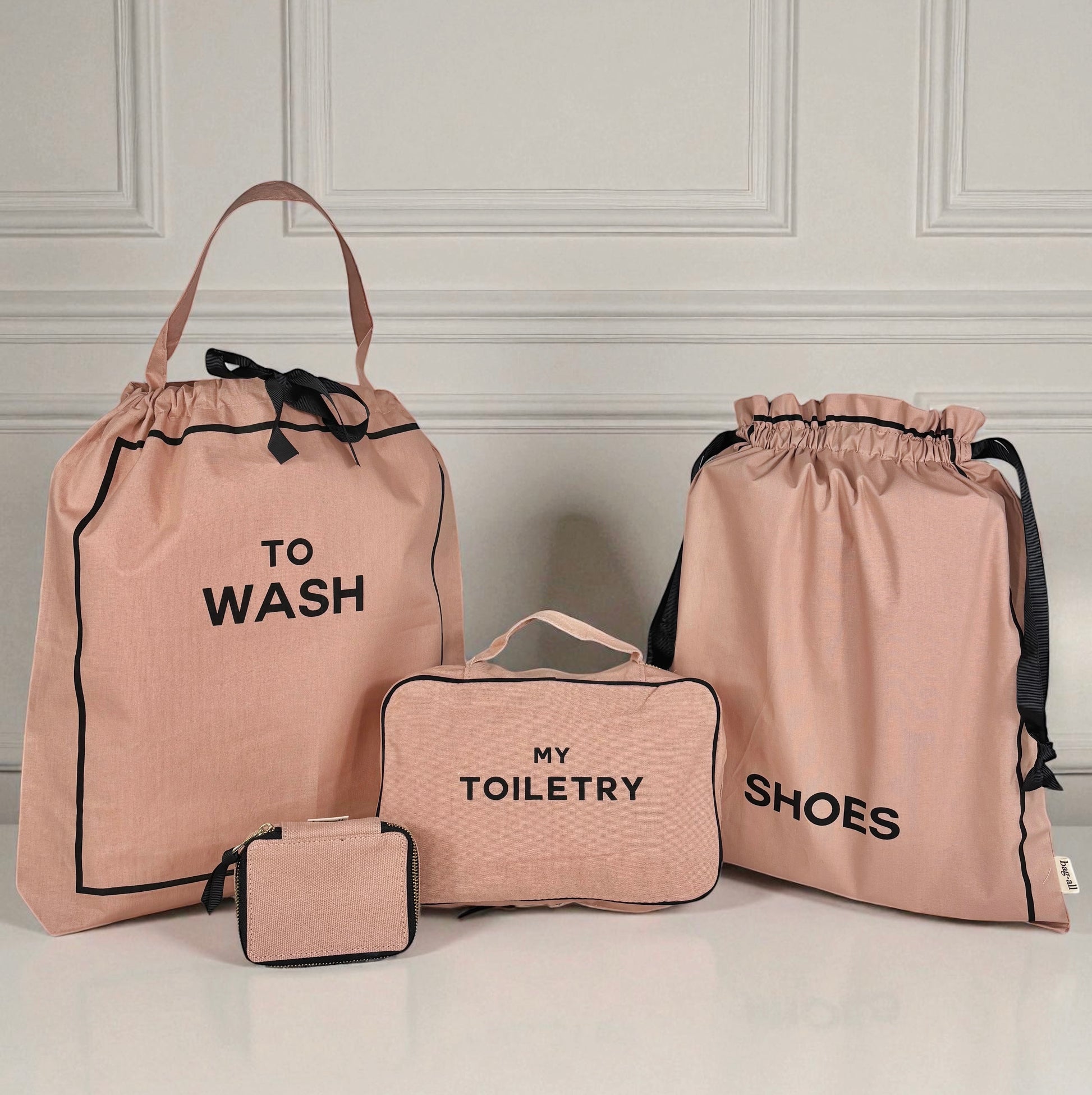 Bag-all pink blush 4-pack travel organizers set with laundry, toiletry, shoes bags for smart packing and easy travel