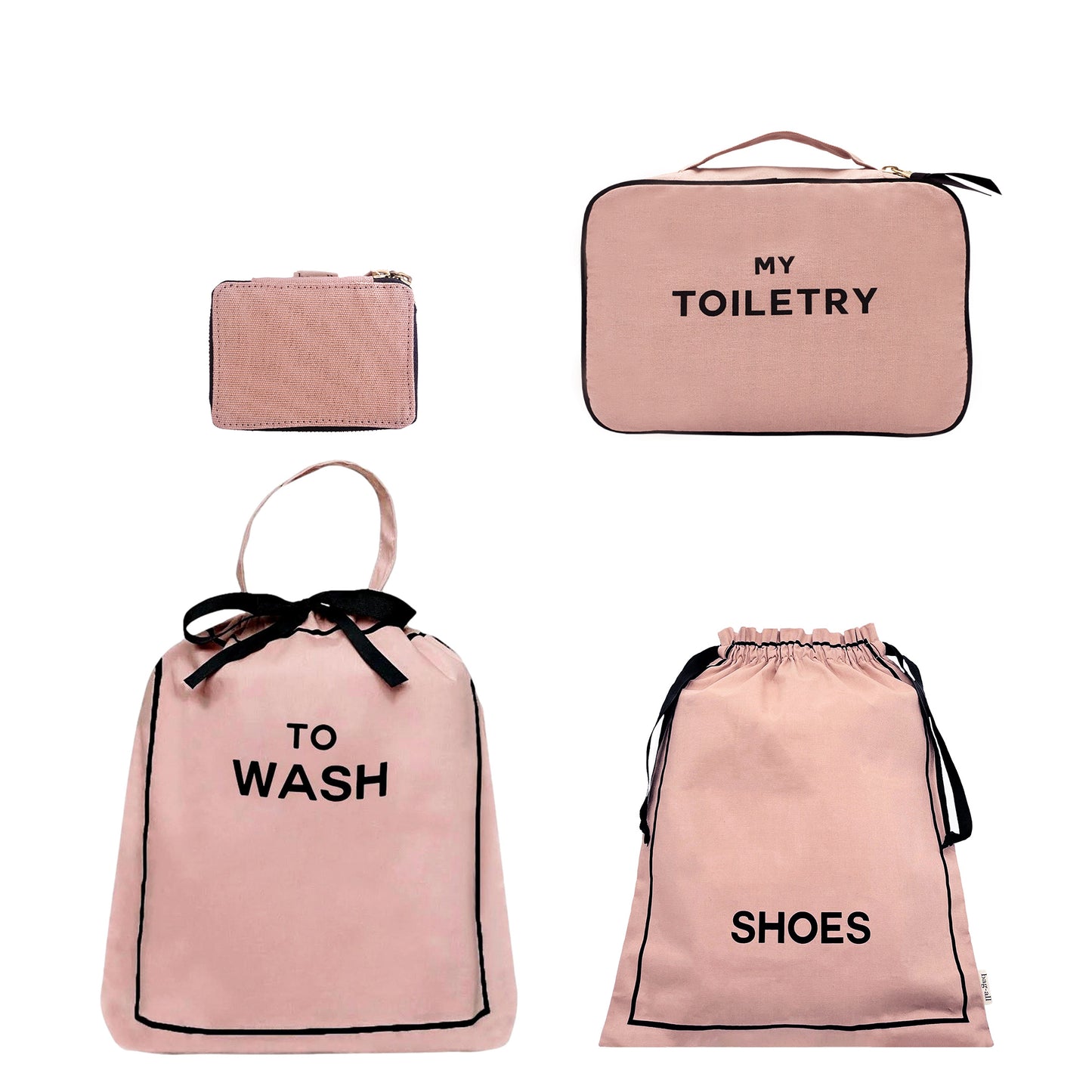 Bag-all Jetsetter 4-pack travel organizers in pink blush for toiletries, laundry, shoes, and trinkets with clear labels