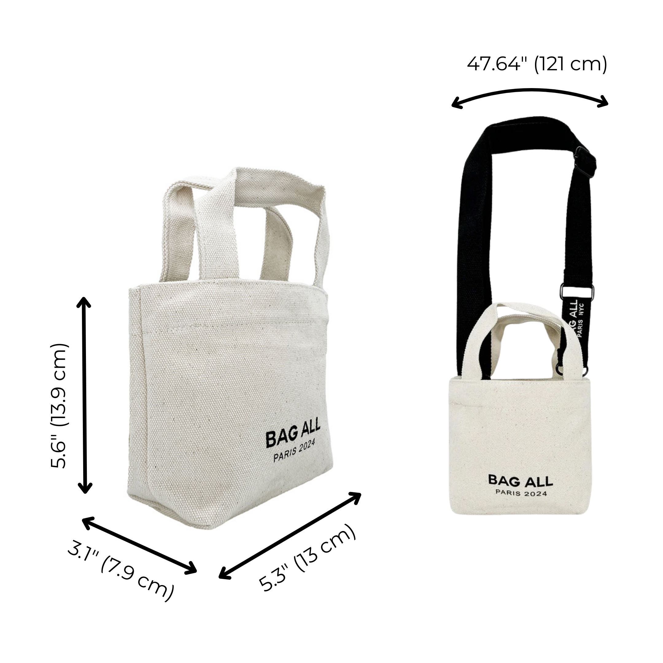 Bag-all Mini Tote Bag in cream with adjustable strap, inside pocket, and dimensions shown. Cotton eco-friendly design featuring Bag-all Paris 2004 logo, perfect for everyday use and storage.