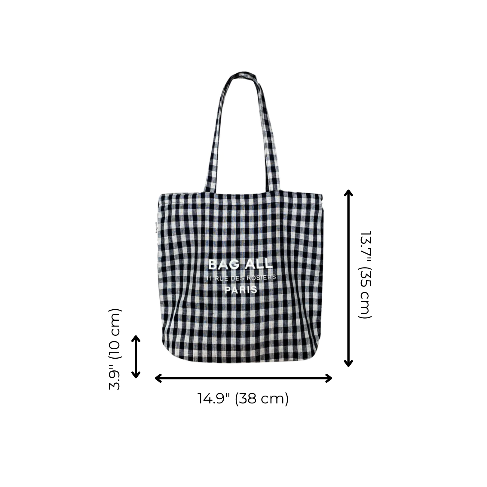 Bag-all Paris Le Marais Tote in black and white gingham pattern with zipper, featuring long shoulder straps and inside pocket. Measurements: 15.7x14.9 inches, perfect for daily essentials.