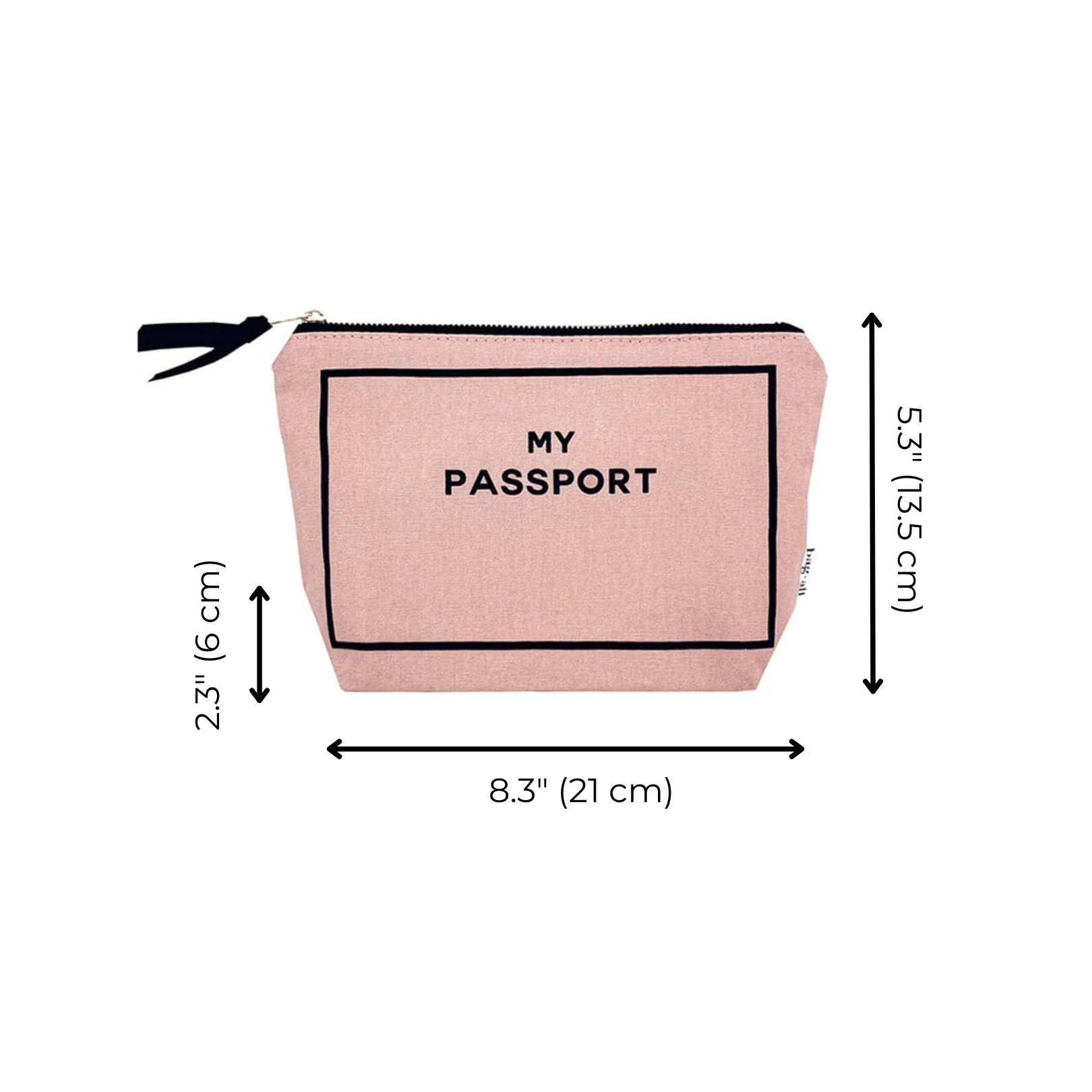 Bag-all Passport Pouch in blush pink cotton with gold zipper, featuring "MY PASSPORT" text and black border design. Measures 8.3"x5.3" with striped interior lining.