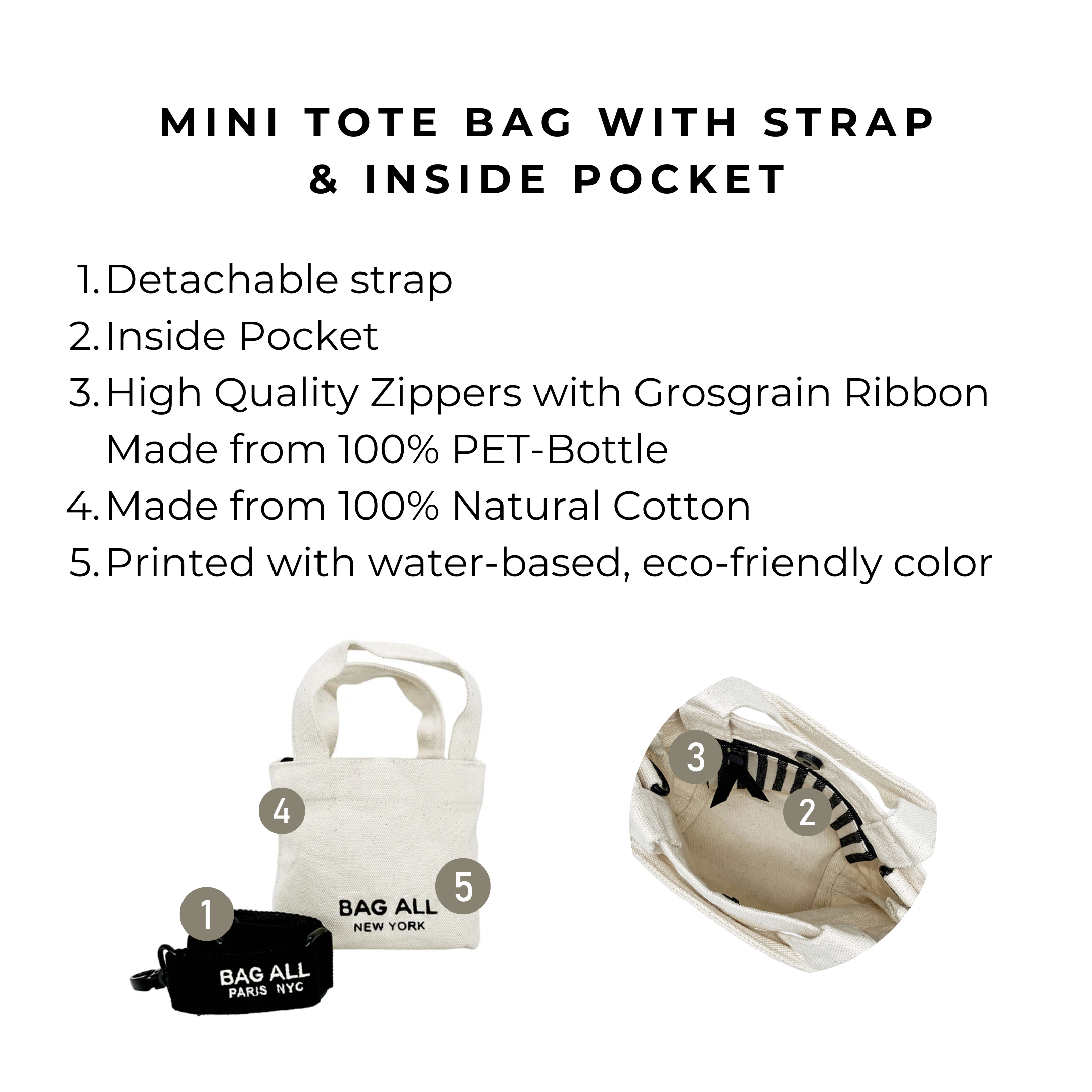Bag-all Mini Tote Bag with Strap and Inside Pocket in cream - eco-friendly cotton tote featuring detachable strap, interior pocket, and sustainable zipper details, perfect for daily essentials
