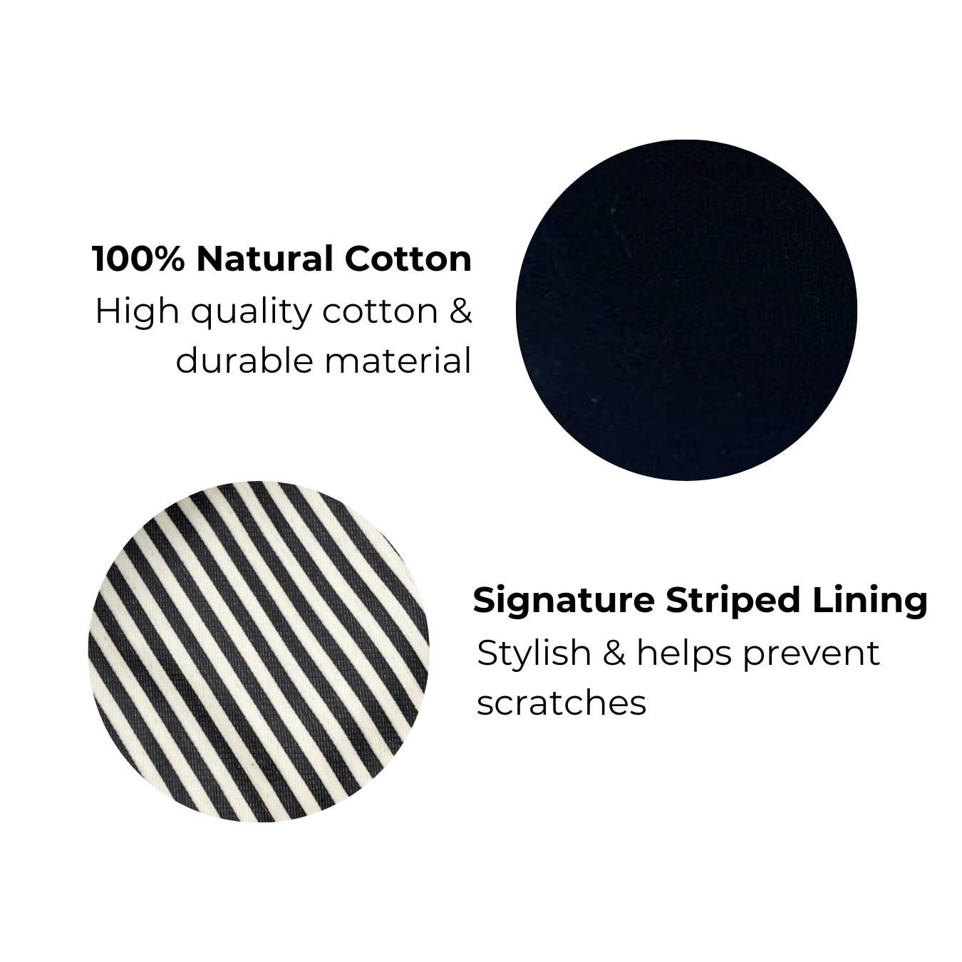Bag-all Black Earbuds Case featuring 100% natural cotton exterior and signature striped lining, showcasing high-quality durable material with stylish protective design for AirPods and earbuds