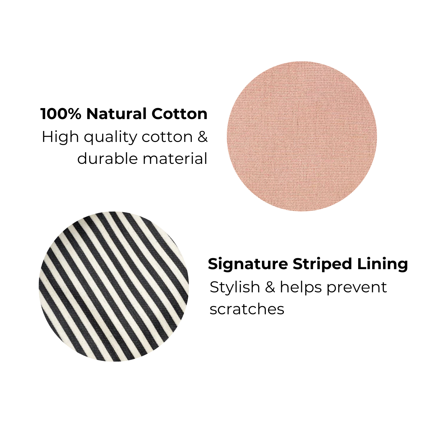 Bag-all My Specs Glasses Case in blush pink cotton with black striped lining and exterior pocket, featuring natural cotton material and durable gold zipper