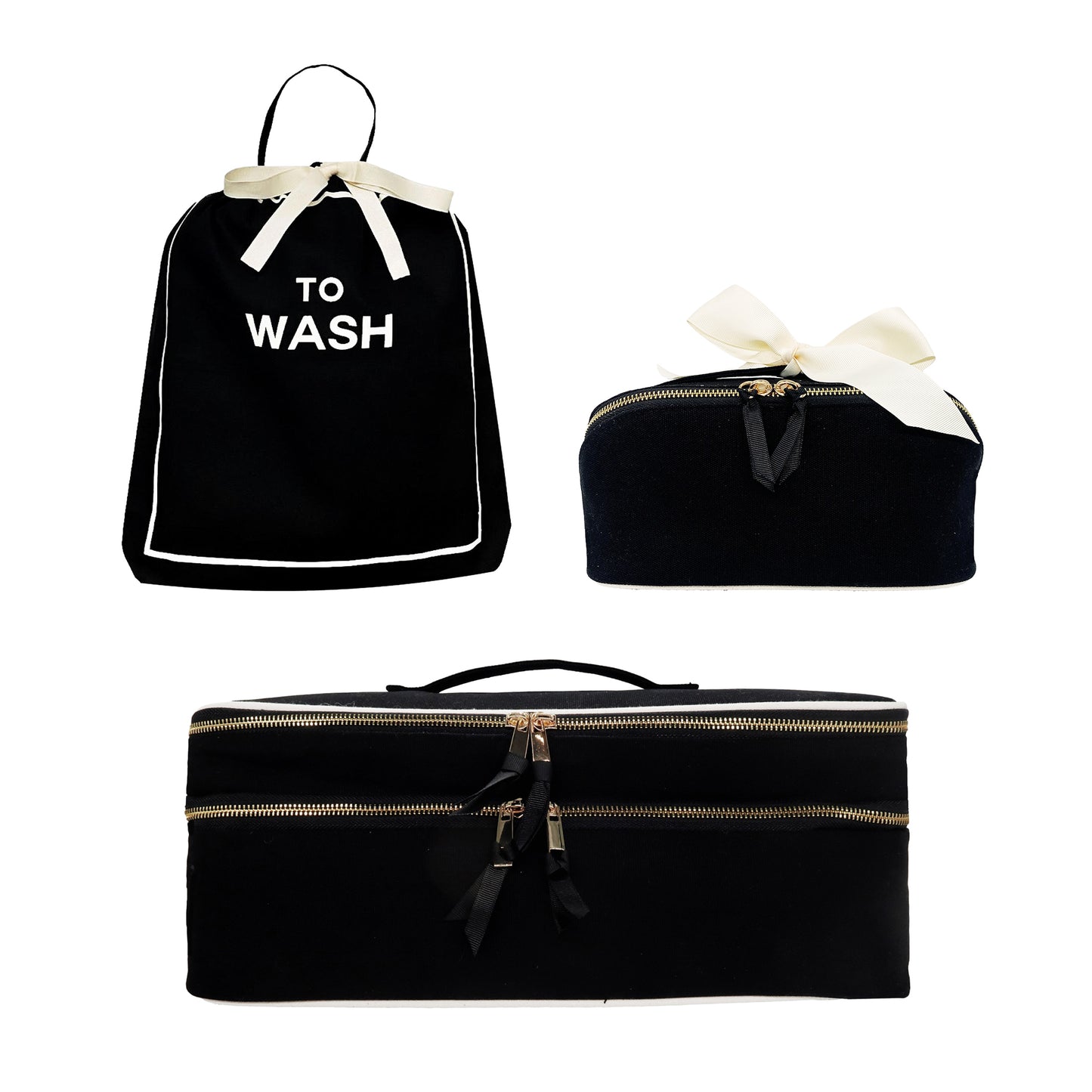 Bag-all black Weekender Gift Set with 3 laundry and beauty cases featuring elegant white bows and gold zippers