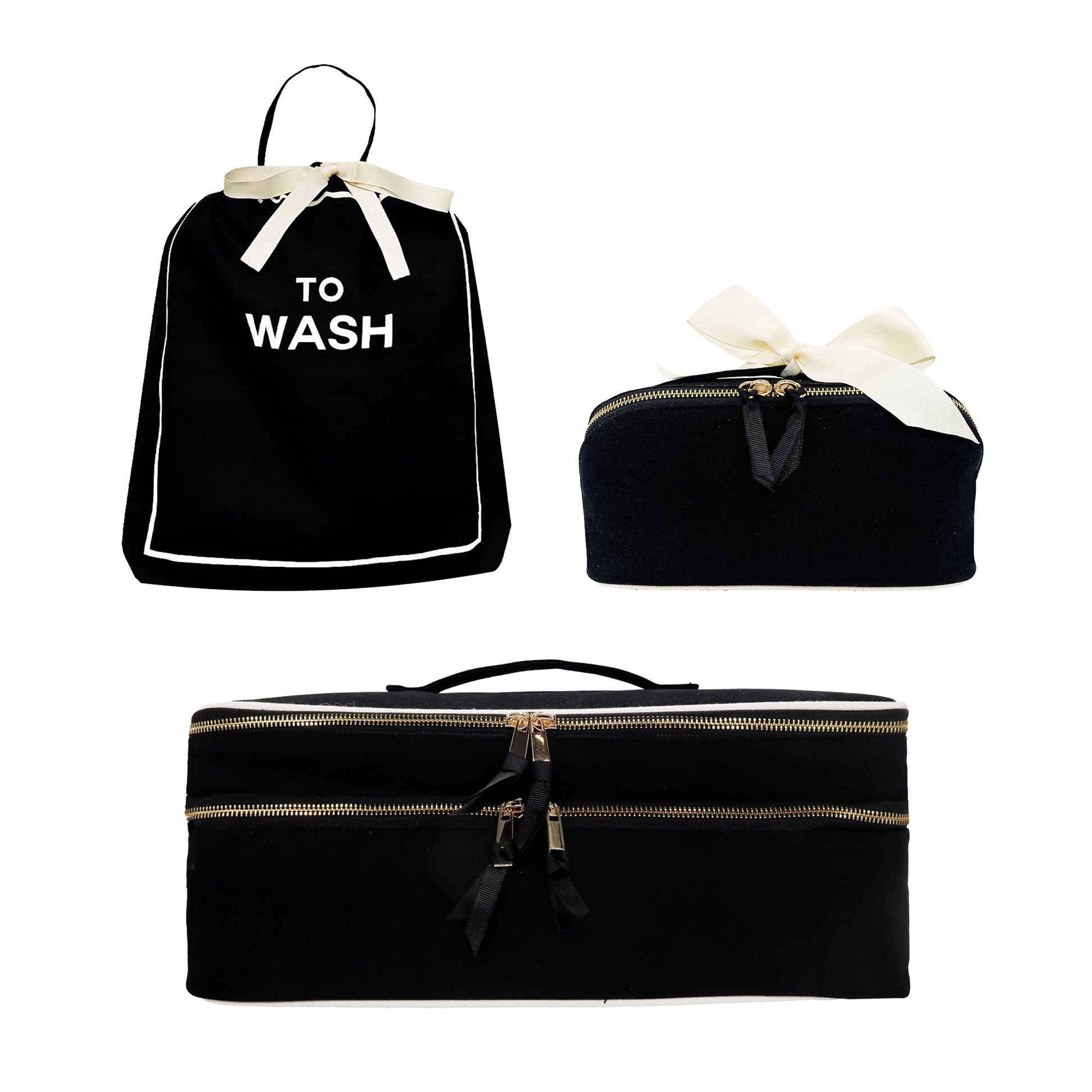 Bag-all black Weekender Gift Set with 3 laundry and beauty cases featuring elegant white bows and gold zippers