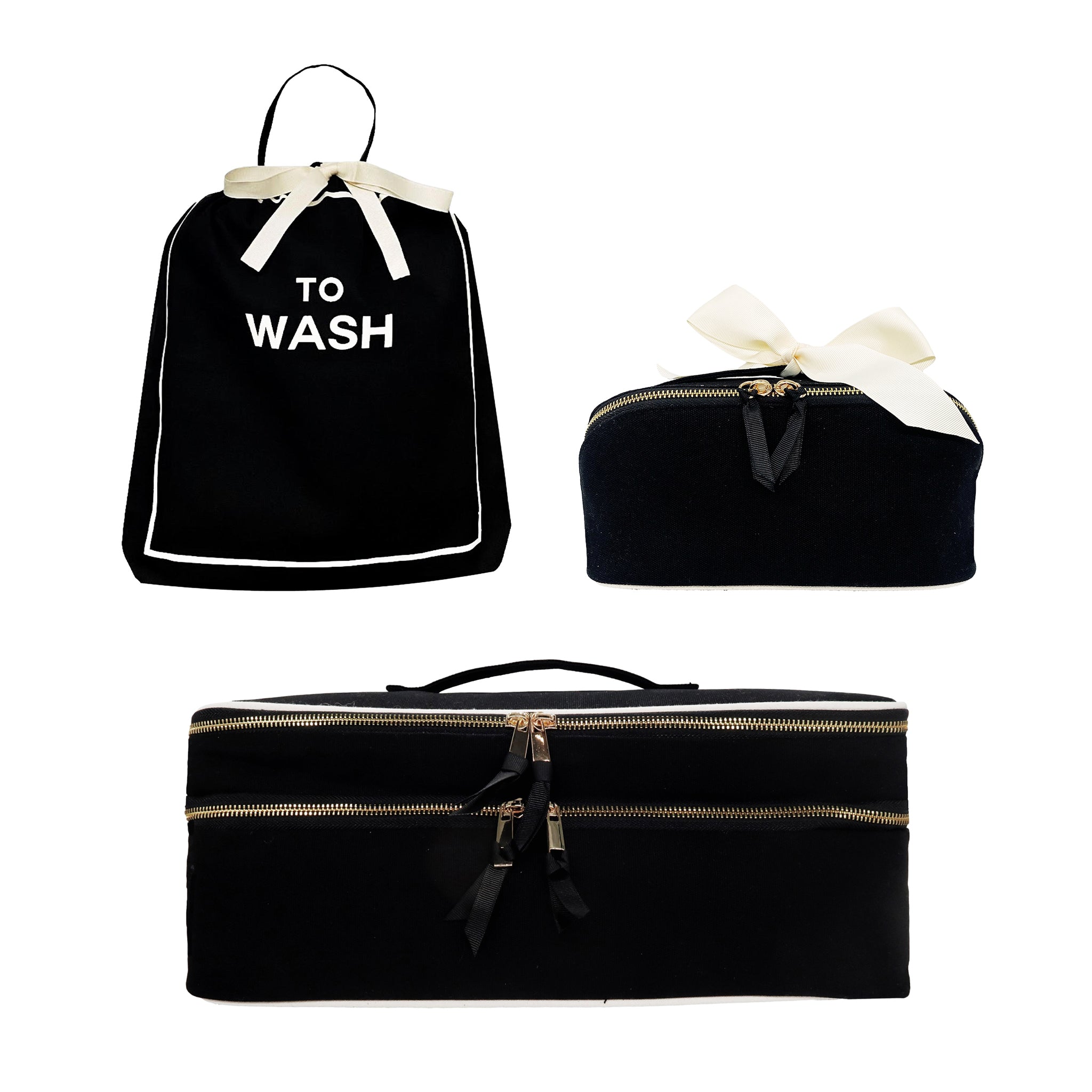 Bag-all black Weekender Gift Set with 3 laundry and beauty cases featuring elegant white bows and gold zippers