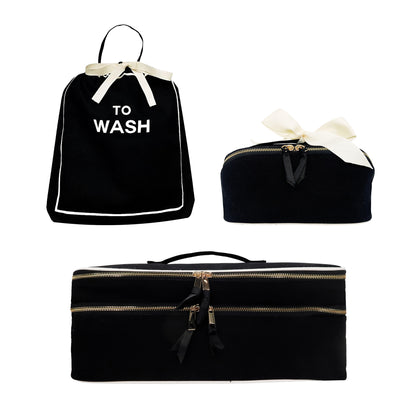 Bag-all black Weekender Gift Set with 3 laundry and beauty cases featuring elegant white bows and gold zippers