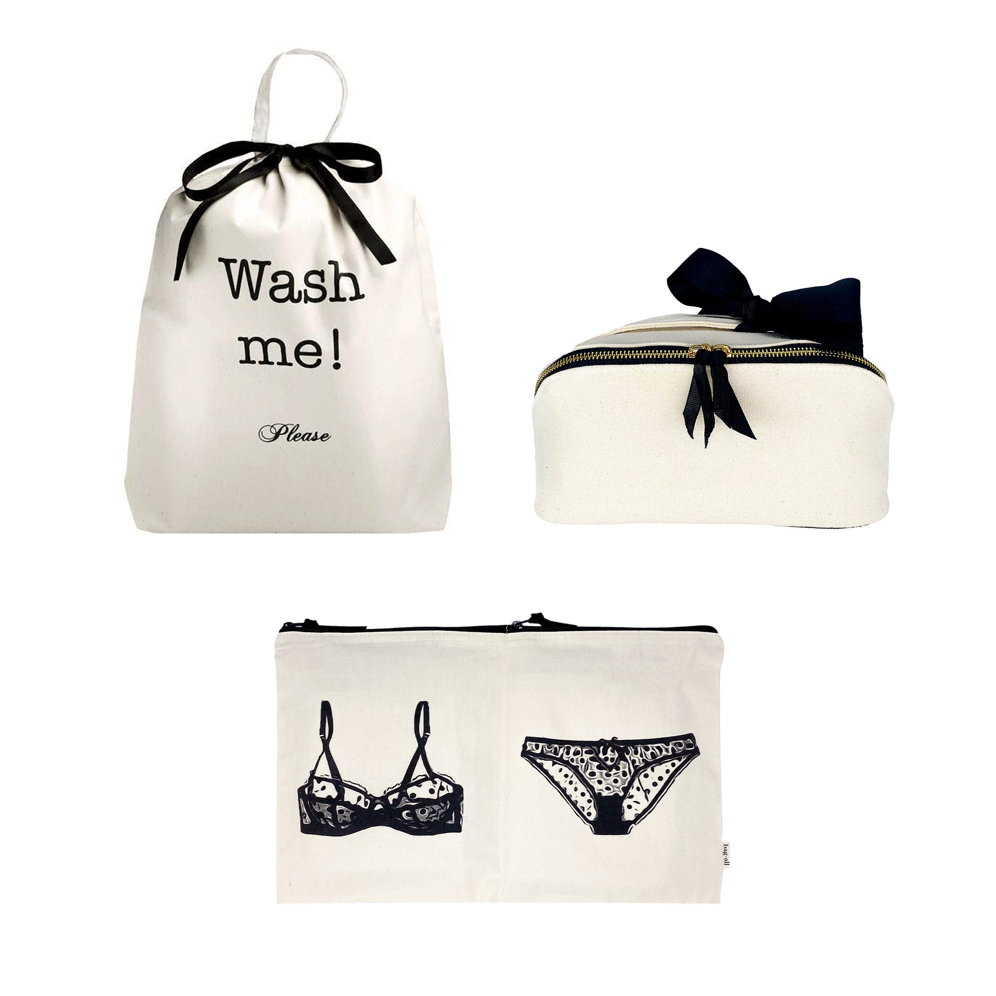 Bag-all cream suitcase deal gift set with 3-pack underwear and laundry organizers featuring black bow details and prints