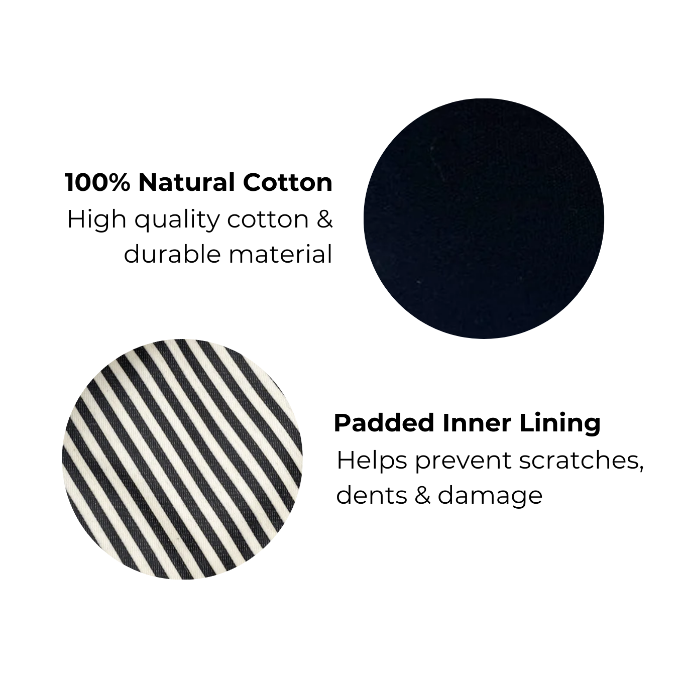 Bag-all Laptop Case 13" features black natural cotton exterior and protective striped padded inner lining, designed for laptops with charger pocket