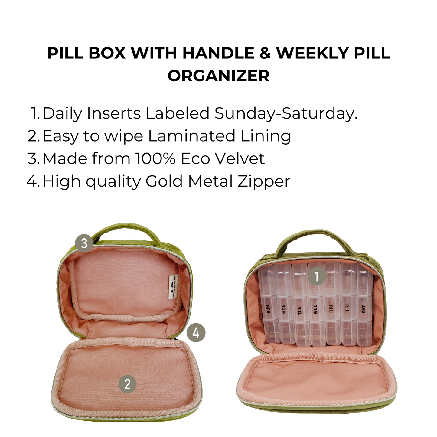 Pill Box with Handle & Weekly Pill Organizer, Green Velvet | Bag-all