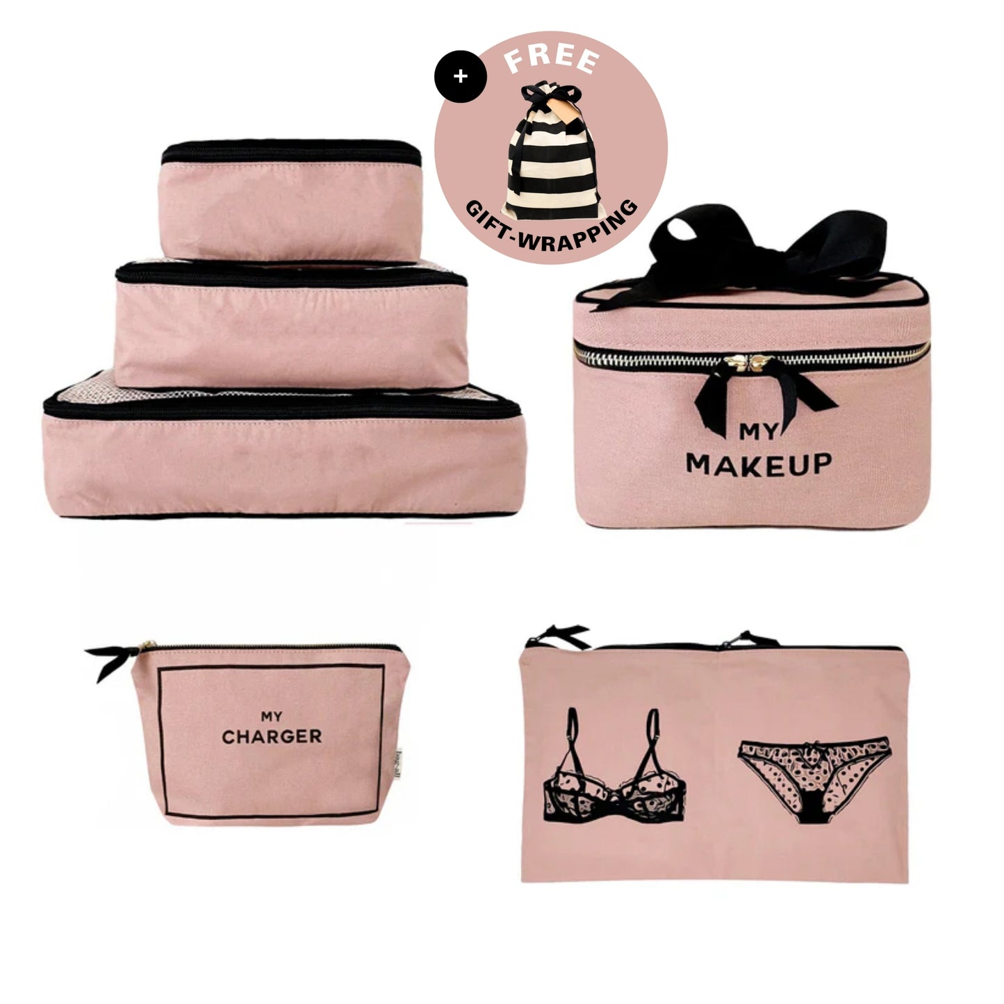 Travel Glam Lot de 4 : Organiser, Lingerie, Maquillage et Technologie, Rose/Blush