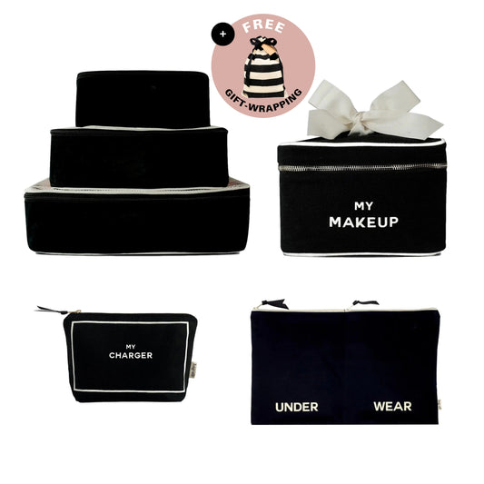 Travel Glam 4-Pack : Organiser, Lingerie, Maquillage et Tech, Noir