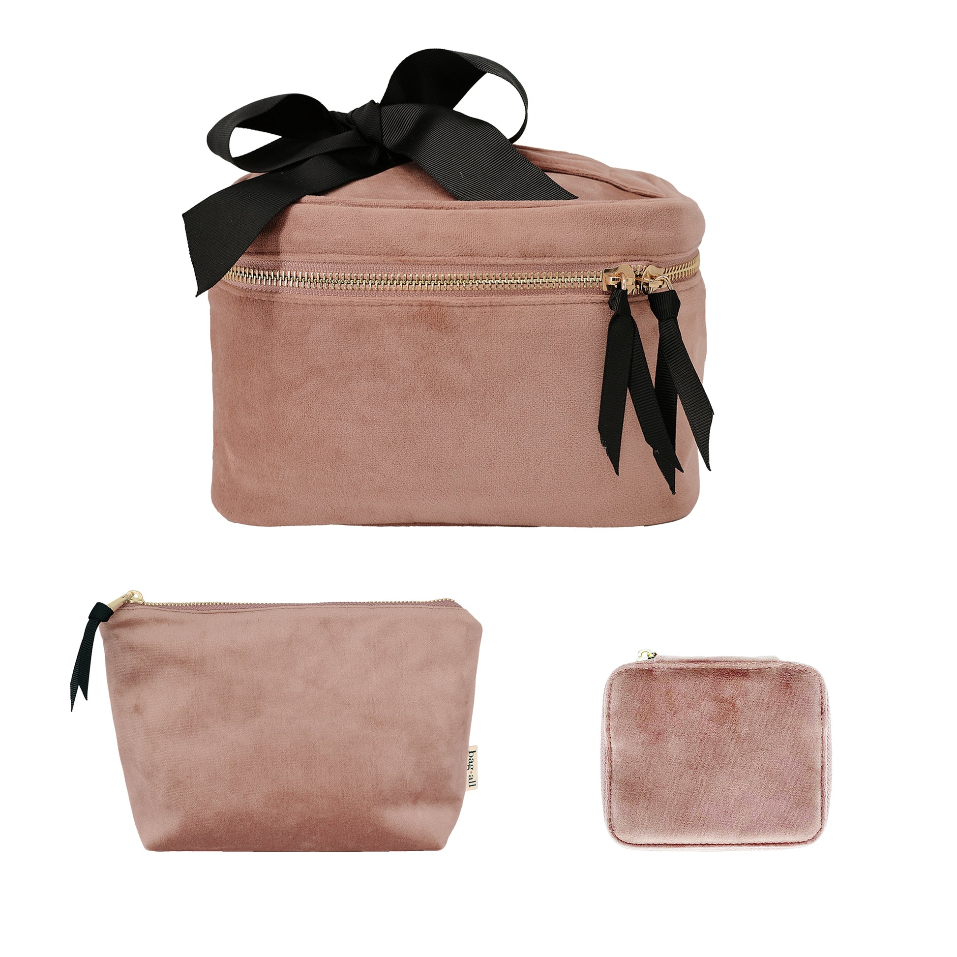 Bag-all Glow & Go Deal 3-Pack velvet makeup and jewelry bags in pink with black ribbon accents