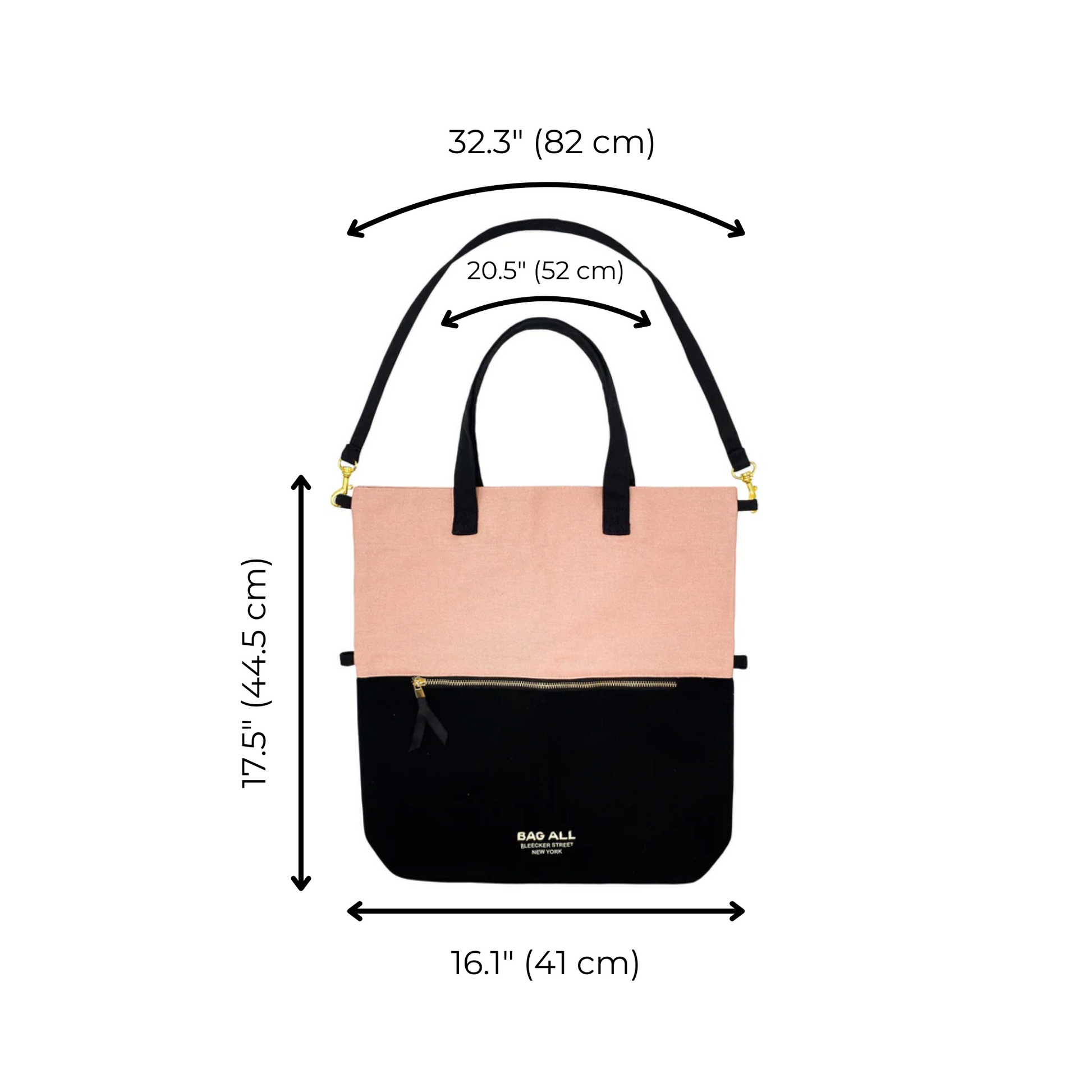 Bag-all pink and black two-tone tote bag with adjustable shoulder strap, dimensions diagram showing width 41cm, height 44.5cm, and strap lengths 82cm and 52cm