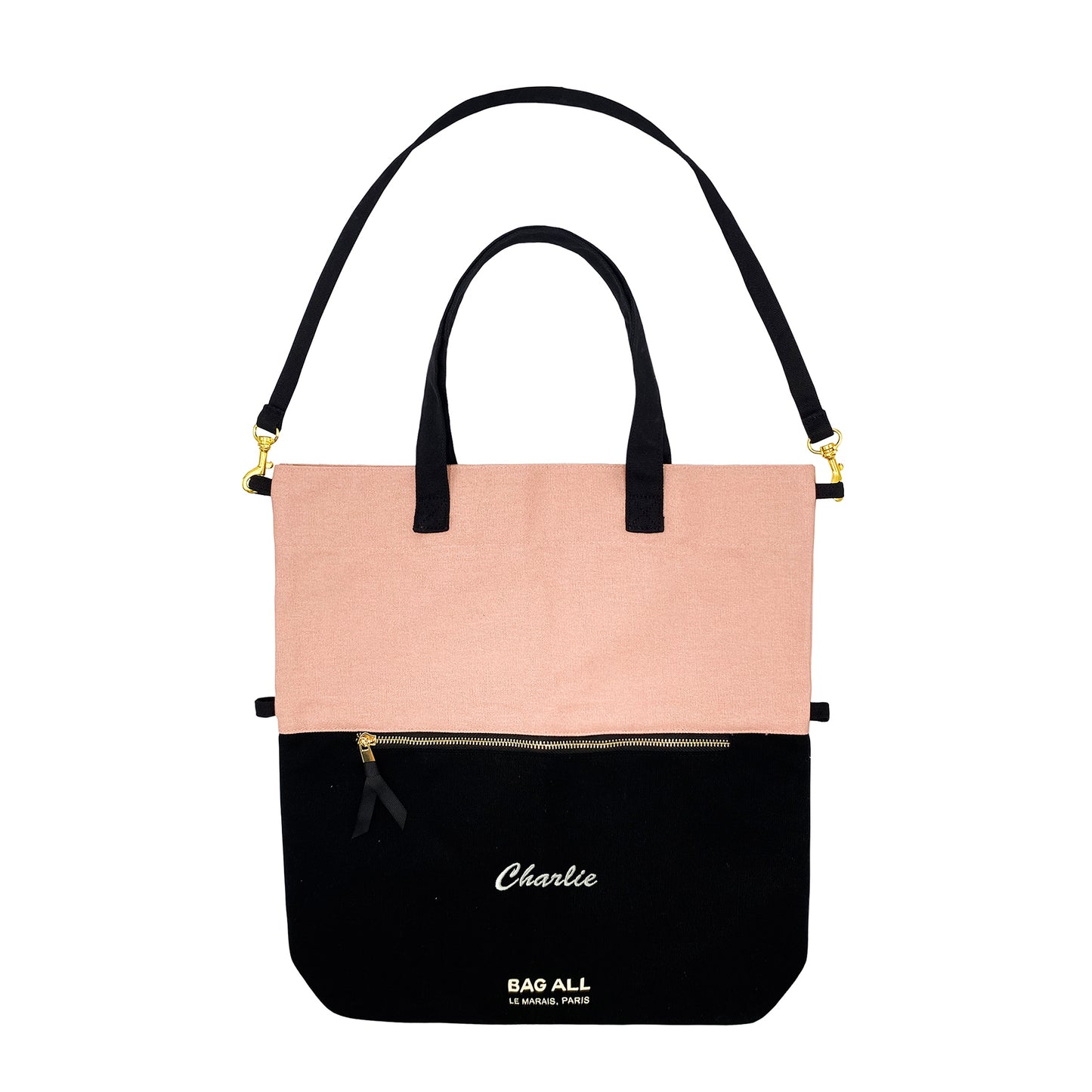 Tote Bag "3 Way", Bandoulière, Sac à main, Pliable, Rose/Noir (Addresse Paris) | Bag-all