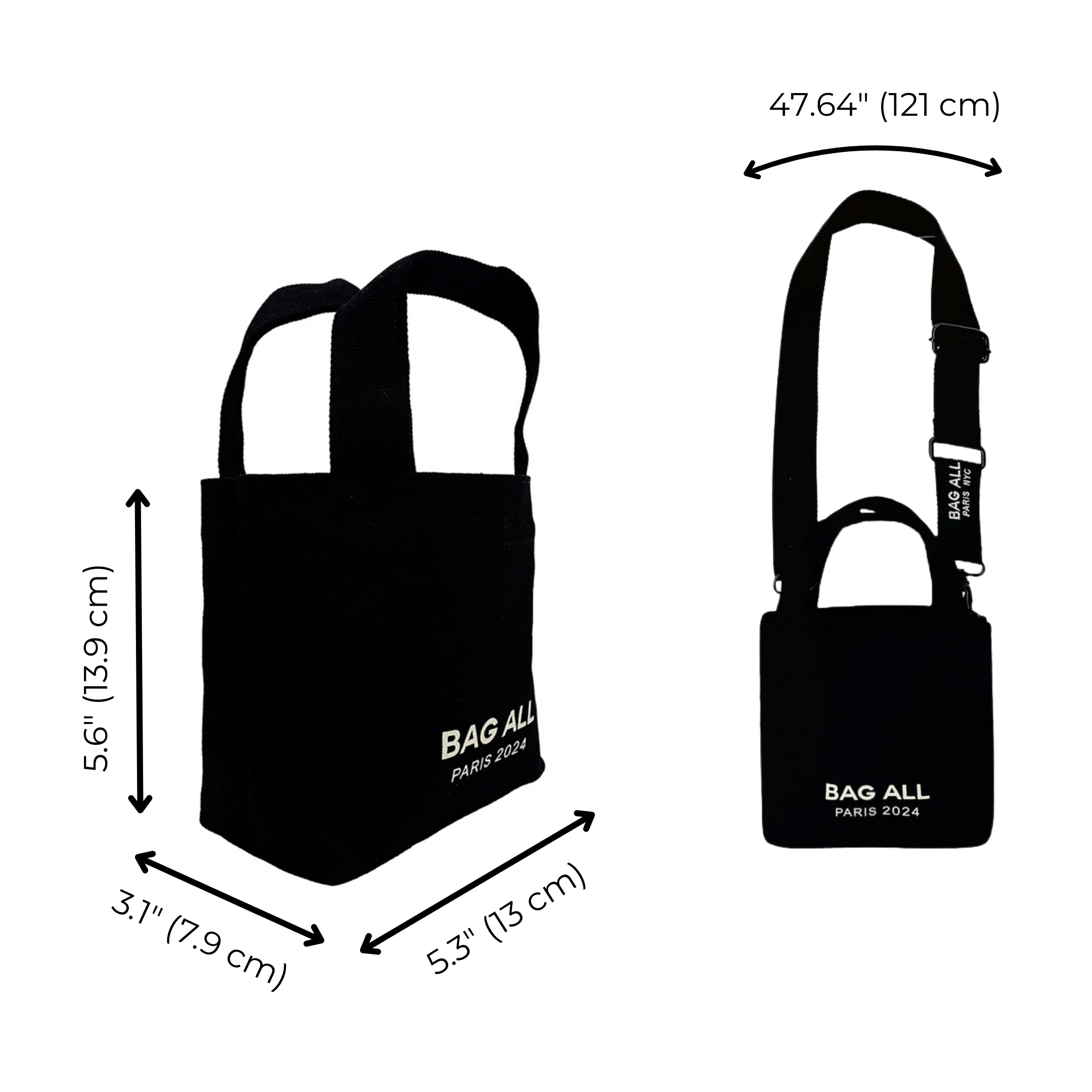 Bag-all Mini Tote Bag in black cotton with adjustable strap, interior pocket and dimensions 5.6" x 5.3" x 3.1". Product diagram showing front and side views with measurement details.