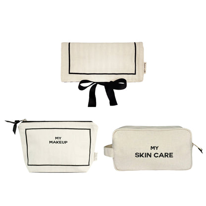 Bag-all cream 3-pack makeup skincare jewelry organizers set with elegant black trim and ribbon closure