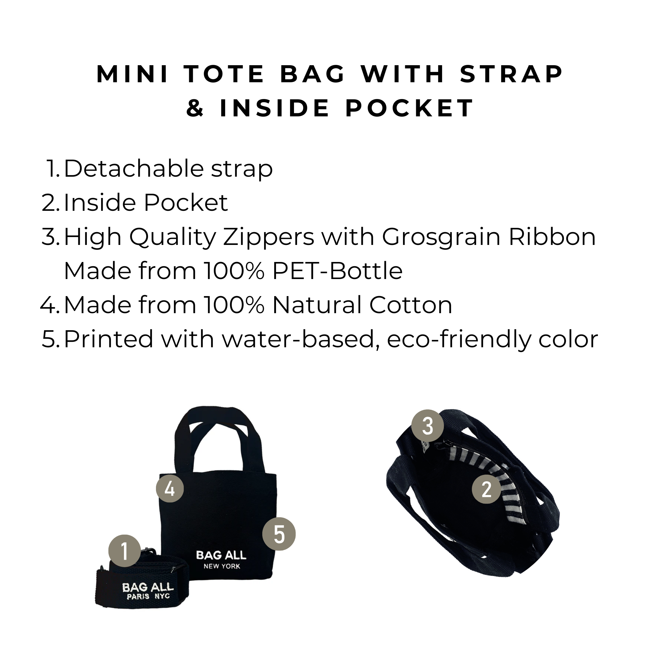 Bag-all Mini Tote Bag with Strap and Inside Pocket in black, featuring eco-friendly cotton construction, detachable strap, interior storage pocket, and high-quality zippers with grosgrain ribbon detail, perfect for everyday use