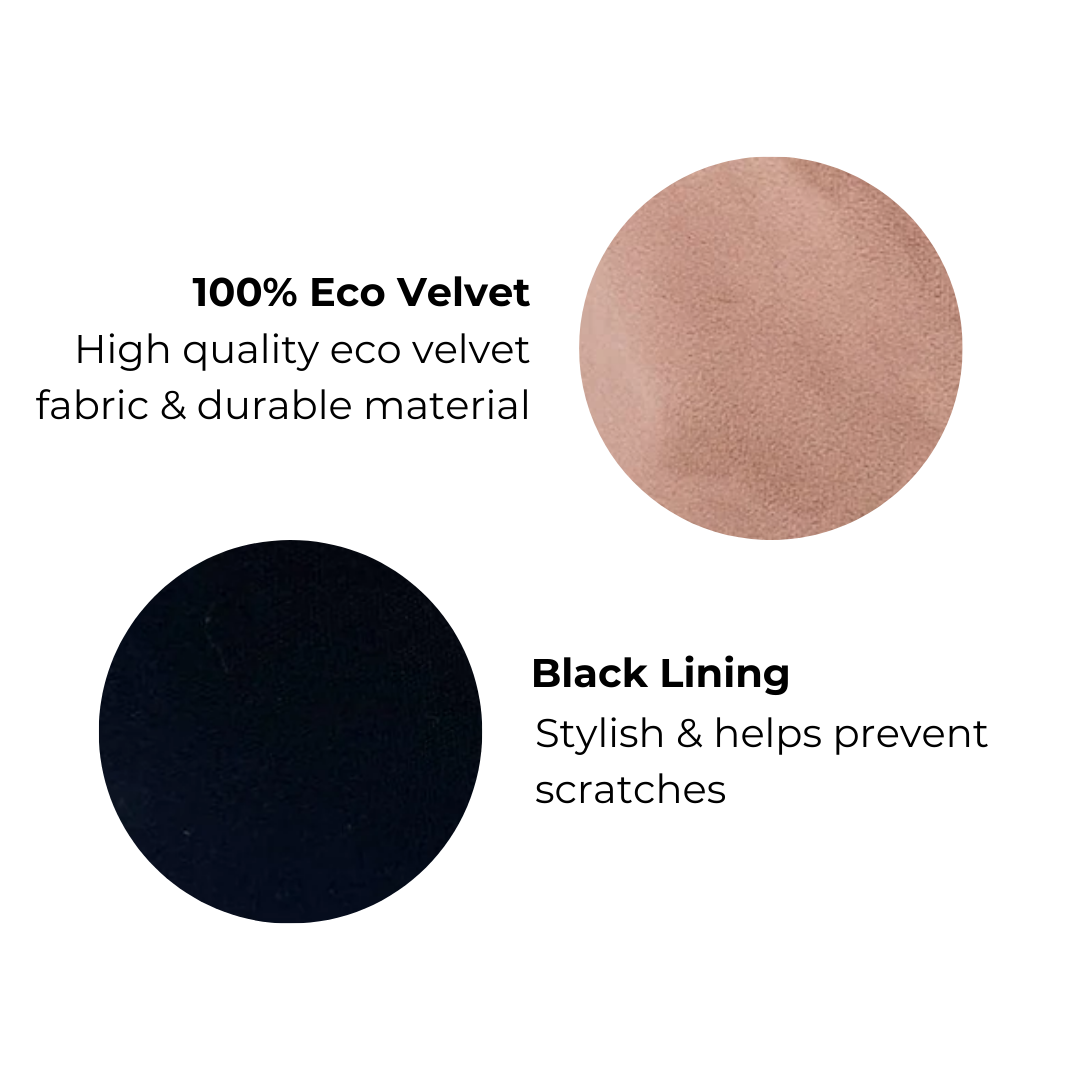 Bag-all Cute Jewelry Box in pink recycled velvet with black lining, featuring eco-friendly material swatches in rose and black colors, demonstrating fabric quality and durability