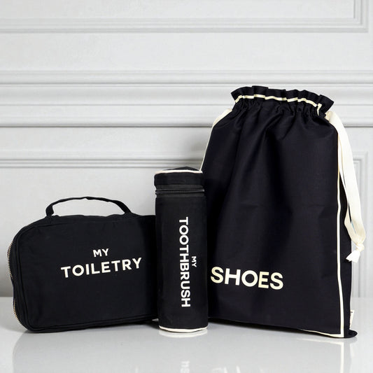 Black 3-pack packing and toiletry organizers for travel essentials by Bag-all with labeled compartments for shoes toothbrush and toiletries