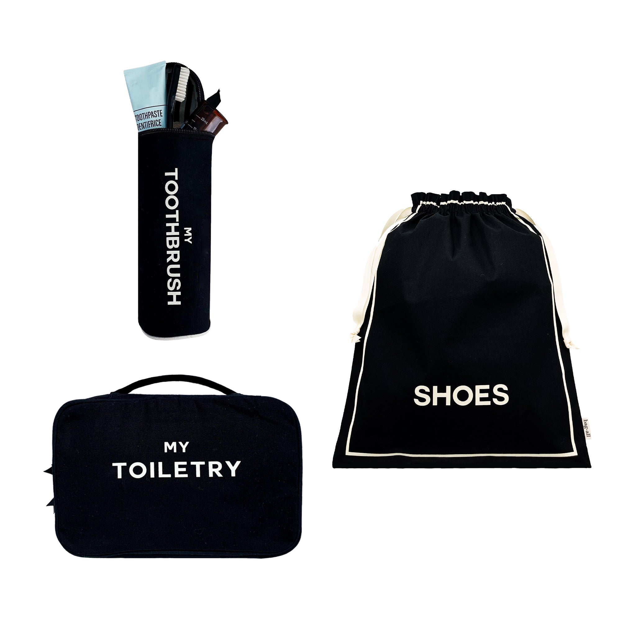 Bag-all black 3-pack travel essentials set with labeled shoe, toiletry, and toothbrush organizers for neat packing