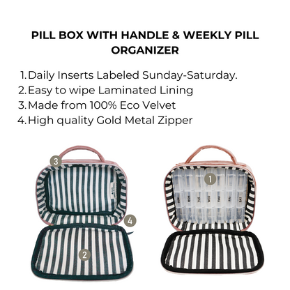 Pill Box with Handle & Weekly Pill Organizer, Pink Velvet | Bag-all