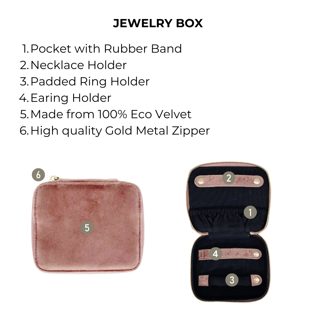 Bag-all Cute Jewelry Box in pink recycled velvet featuring organized compartments with necklace, ring, and earring holders, gold zipper, perfect for travel and storage, monogrammable