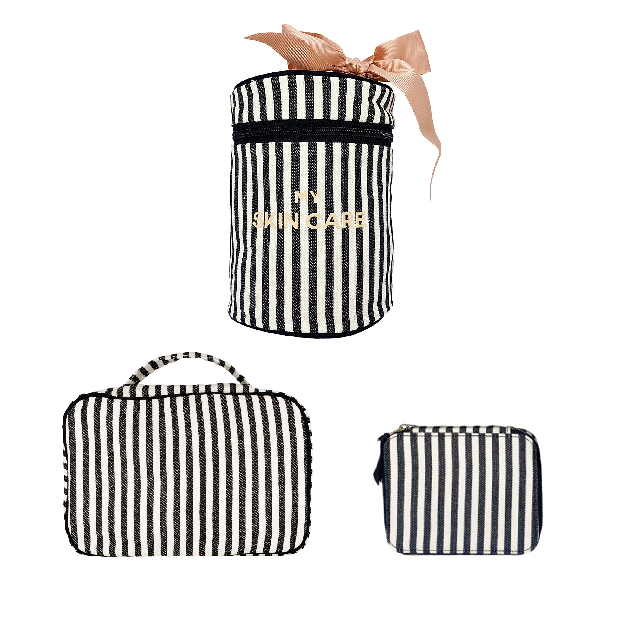 Bag-all striped 3-pack toiletry and skincare organizer set with zip closure and handle for travel beauty essentials