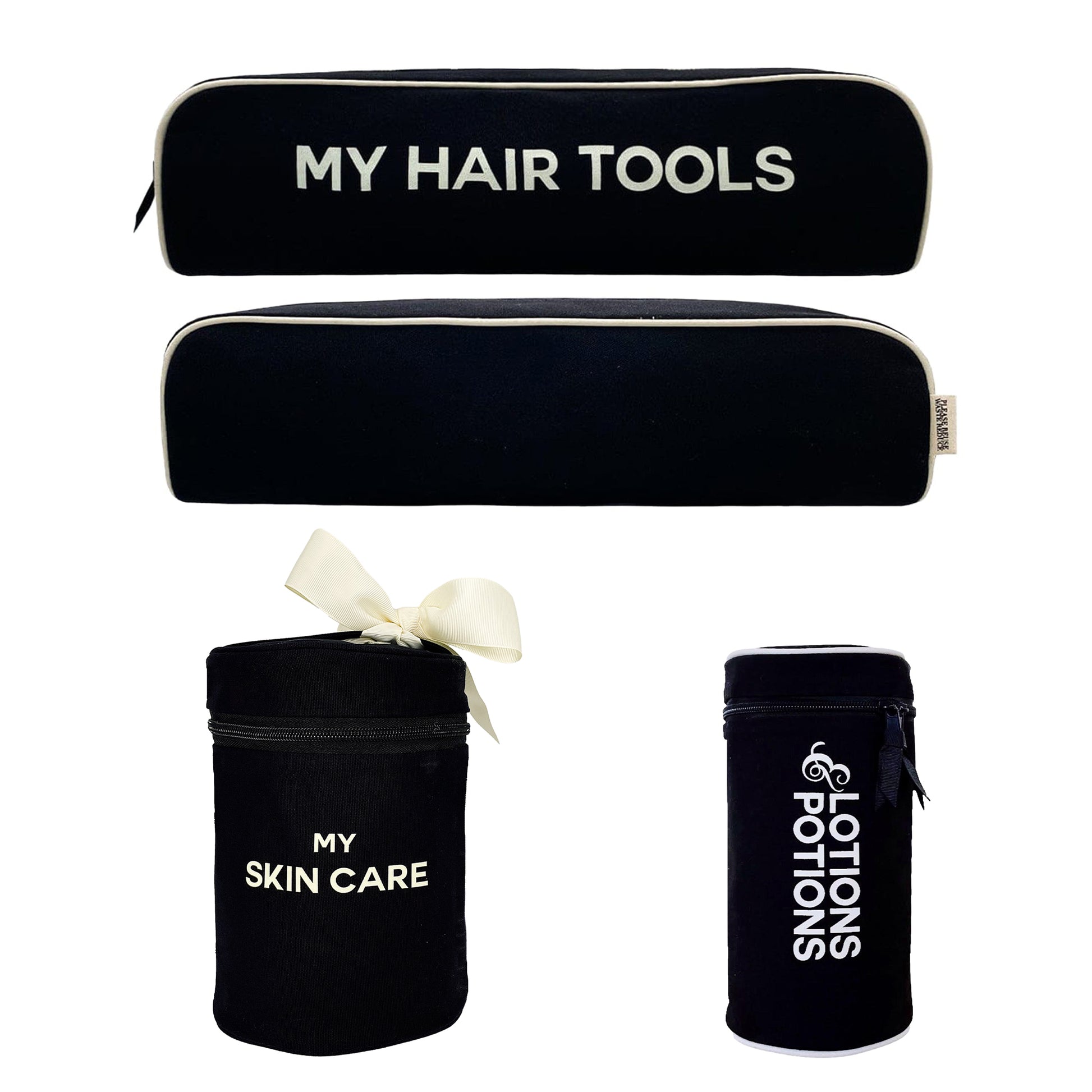 Bag-all Spa Lover Gift Set 3-pack black beauty hair toiletry organizers with white text and ribbon closure