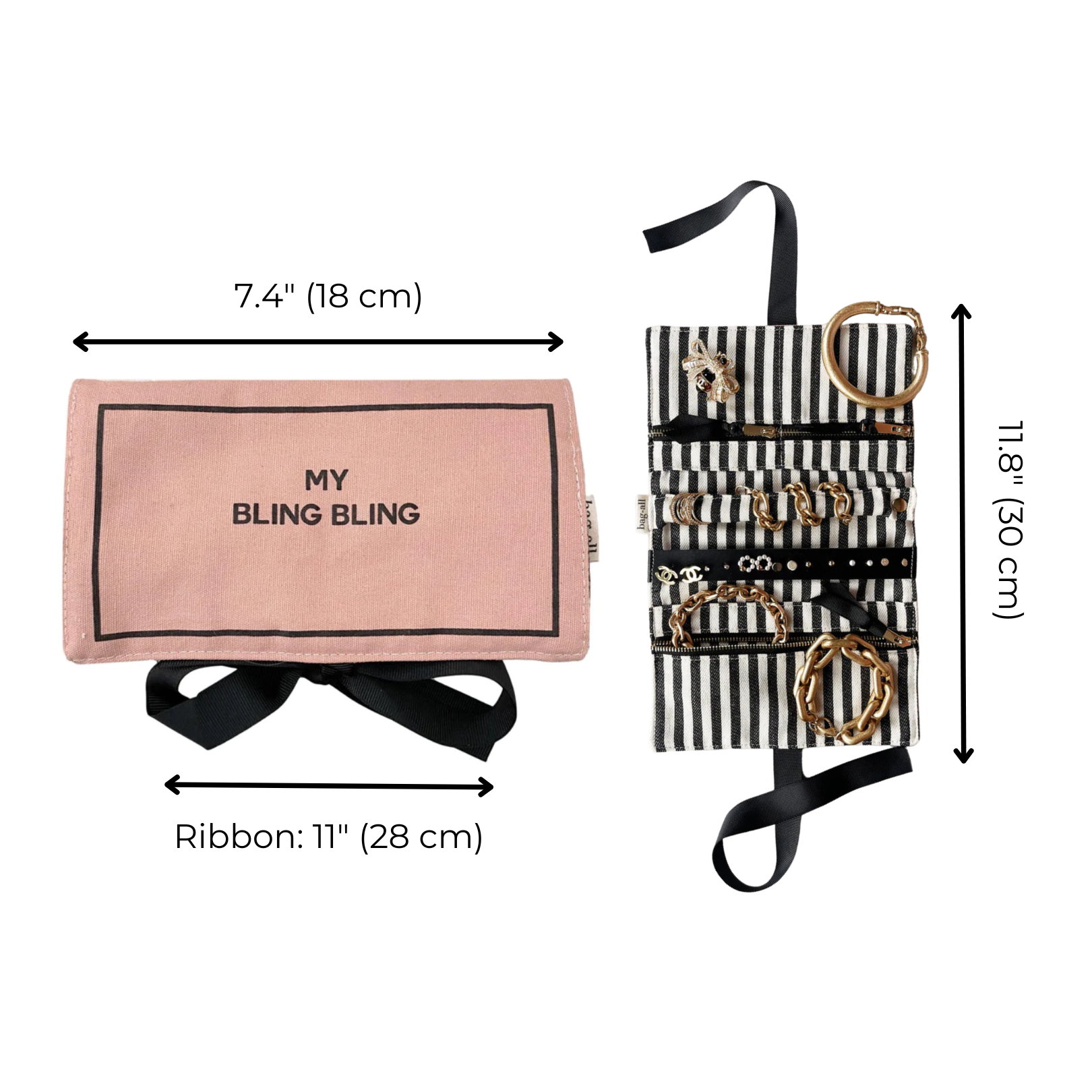 Bag-all Jewelry Organizer Travel Pouch in blush pink with striped interior, featuring three zipper compartments, leather earring holder, and ring storage. Includes black bow and product dimensions.