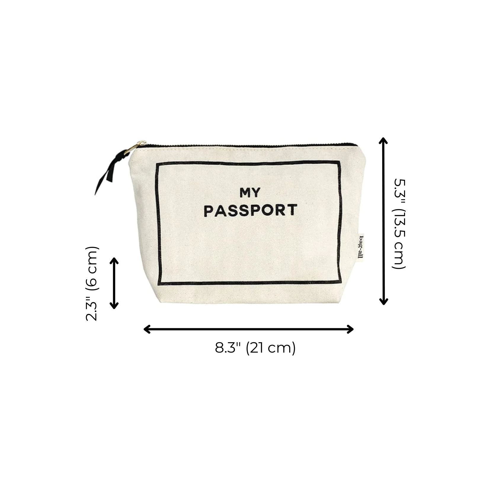 Bag-all Passport Pouch in Cream - Compact cotton travel organizer with black text 'MY PASSPORT', featuring zippered closure and dimensions 8.3 x 5.3 inches