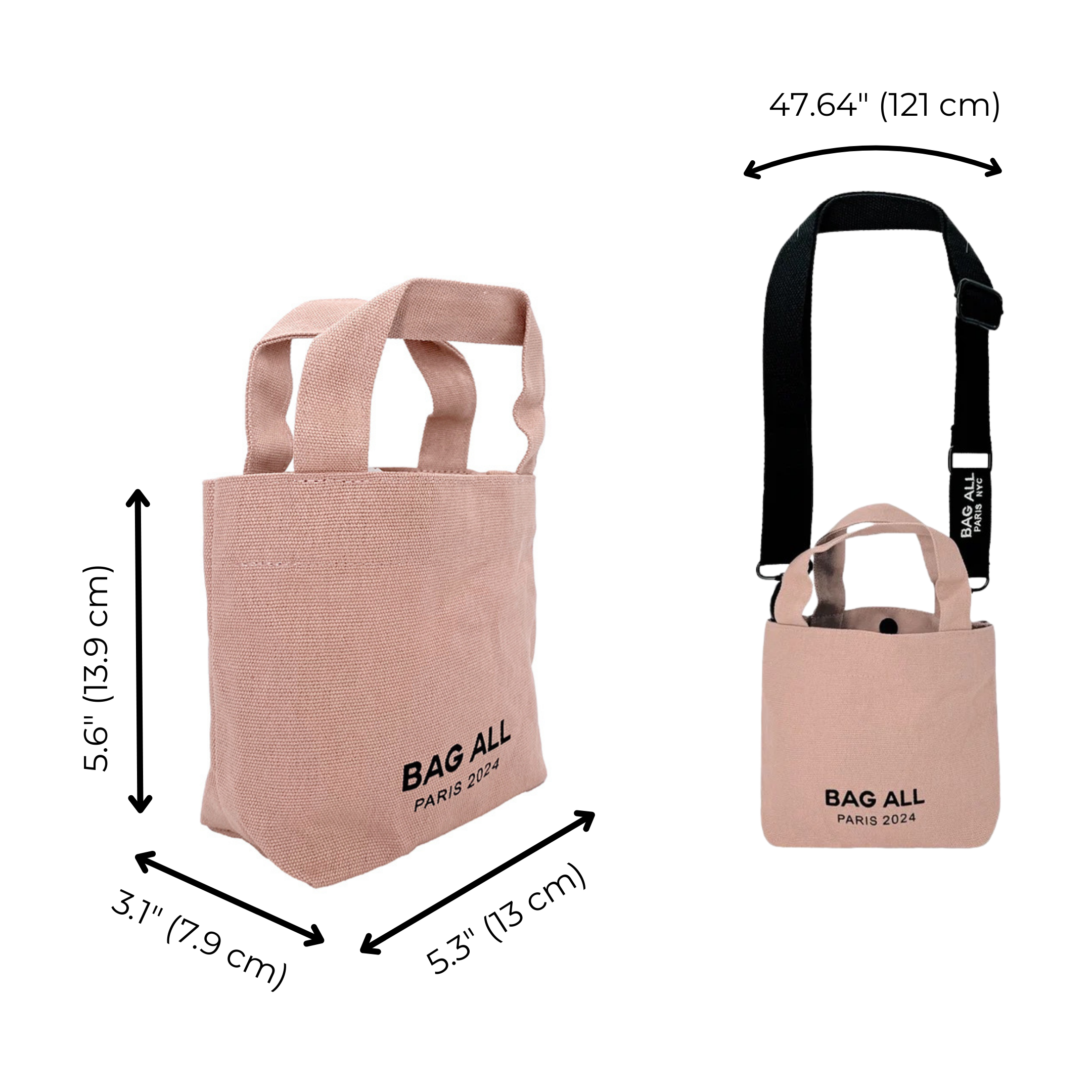 Bag-all Mini Tote Bag in blush pink cotton with adjustable black strap, interior pocket, and size dimensions of 5.6" height, 5.3" width, showing front and side product views