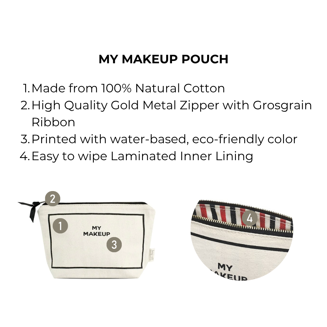 Bag-all cream makeup bag made of natural cotton with gold zipper and water-based printed design, eco-friendly lining