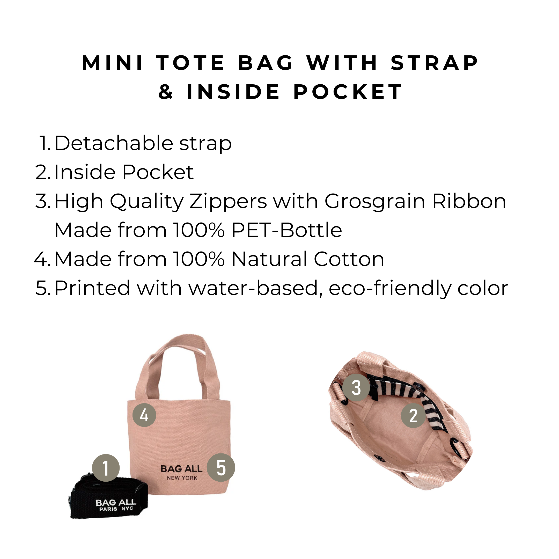 Bag-all Mini Tote Bag in pink/blush cotton with detachable strap, interior pocket, eco-friendly design featuring high-quality zippers and natural materials, perfect for everyday organization