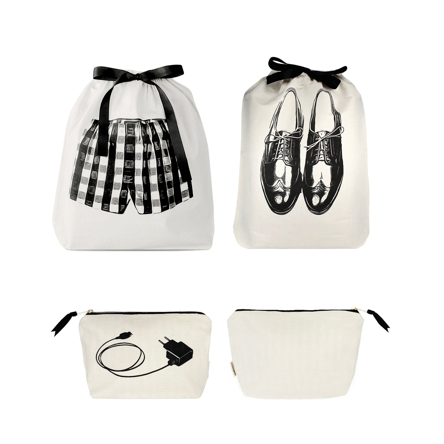Bag-all cream 3-pack travel and tech organizer set with black ribbons and shoe, shorts, and charger illustrations