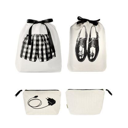Bag-all cream 3-pack travel and tech organizer set with black ribbons and shoe, shorts, and charger illustrations