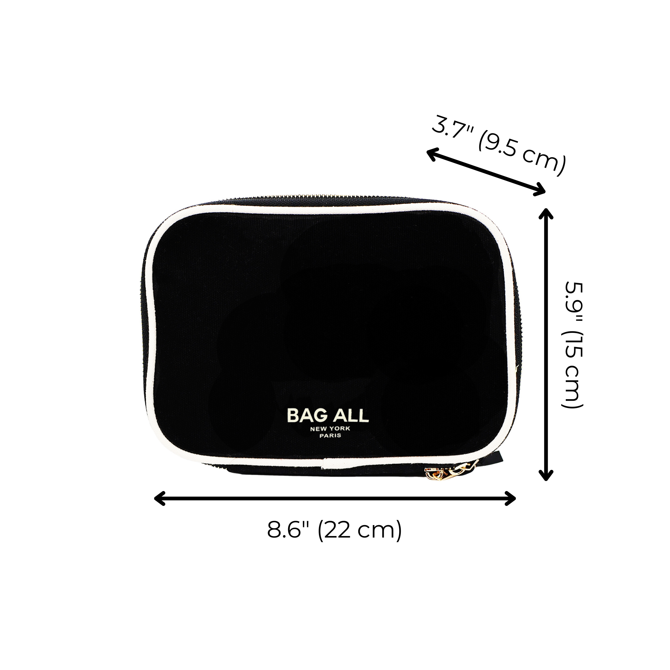Bag-all Double Sided Toiletry Case Black with cream trim, featuring dimensions 8.6" x 5.9" x 3.7", compact travel organizer with dual zipper closures and carrying handle