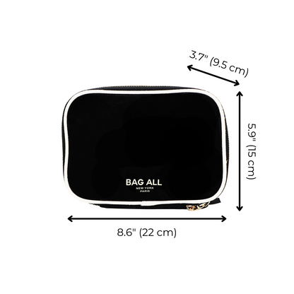 Bag-all Double Sided Toiletry Case Black with cream trim, featuring dimensions 8.6" x 5.9" x 3.7", compact travel organizer with dual zipper closures and carrying handle