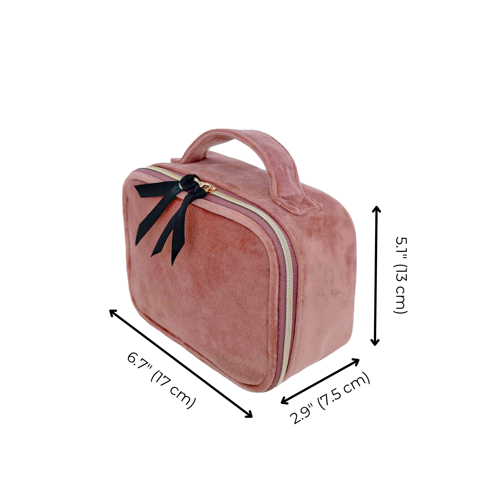 Bag-all Small Beauty Box in Pink Velvet - Compact luxury organizer with black bow detail, perfect for makeup and accessories. Sustainable vegan material, top handle, 17x7.5x15 cm.