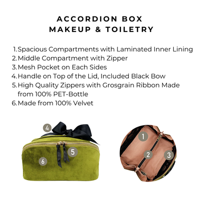 Bag-all Accordion Box Makeup & Toiletry case in luxurious velvet features spacious compartments, mesh pockets, and elegant black bow. Eco-friendly design with PET-bottle zippers, perfect for travel organization.