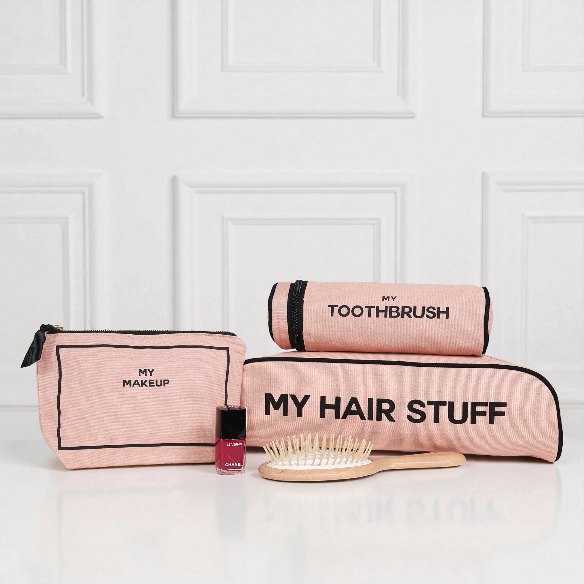 Bag-all pink blush 3-pack makeup and hair organizers with brush and nail polish for stylish storage