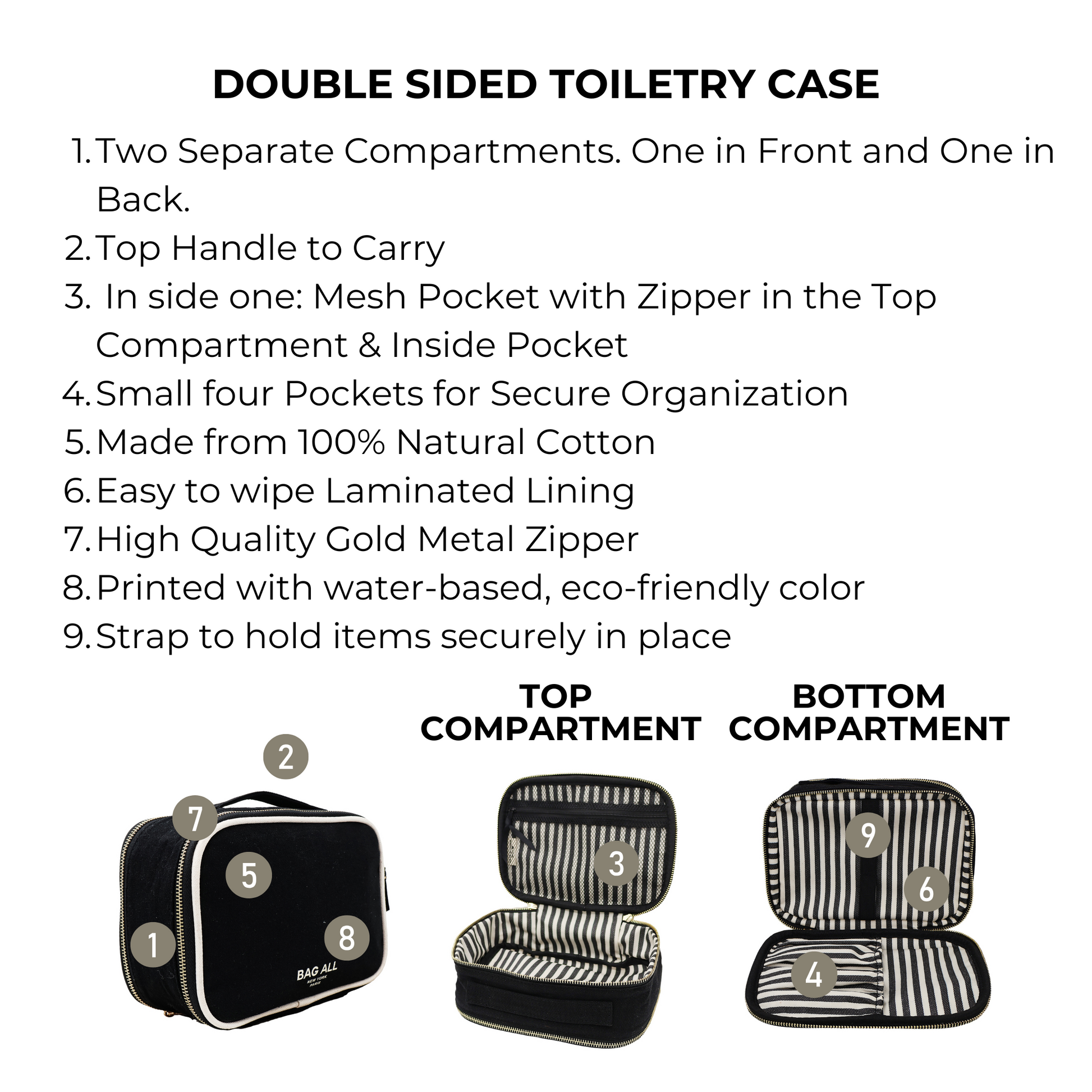 Bag-all Double Sided Toiletry Case in Black featuring dual compartments, waterproof lining, gold metal zippers, and cotton construction for organized travel essentials and bathroom storage